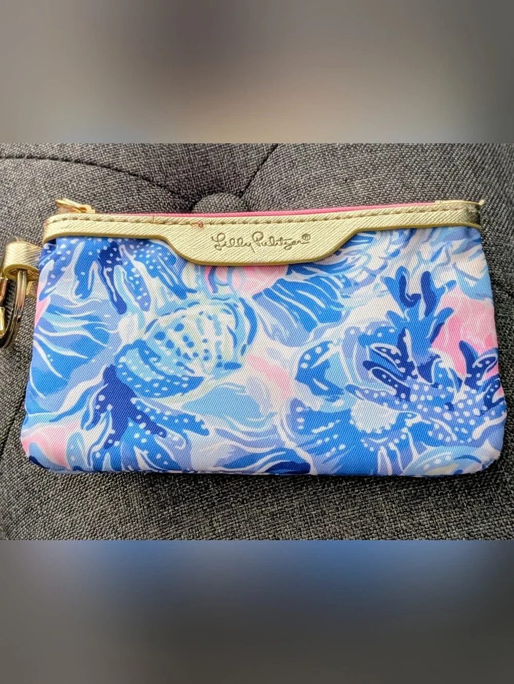 Lilly Pulitzer ID & Coin Zip Pouch Key Ring Blue Pink Waterproof Wristlet Wallet